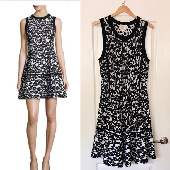Kate Spade Black and White Floral Jacquard Fit and Flare Dress, Size Large. - Picture 1 of 11